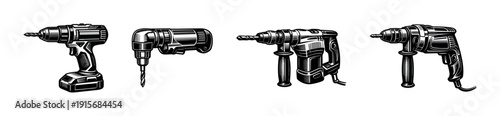 Power drill tools set. flat vector icons collection: electric, hand, cordless, construction