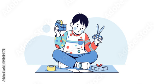 Creative Child Engaged in Gift Wrapping Activities With Tape and Scissors
