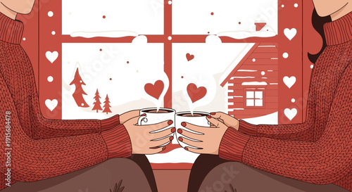 Cozy Winter Moments Sharing Warm Drinks By The Window