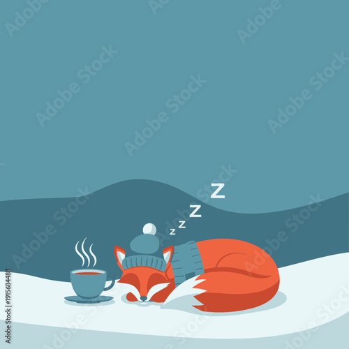 Cozy Winter Nap: A Snug Fox Enjoys Sleep Next To A Steaming Mug In The Snow