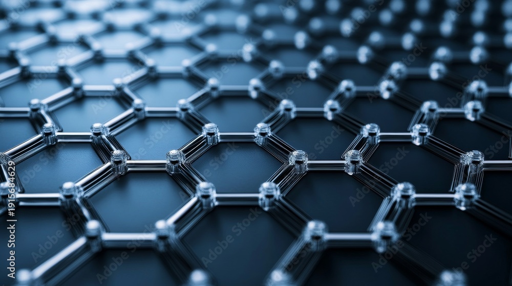 Fototapeta premium Graphene Structure Hexagonal lattice of carbon atoms in a 3D rendered, deep blue perspective, highlighting atomic bonds. , Nanomaterial, Science
