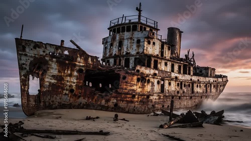 Shipwrecked vessel resting on a sandy beach with dramatic clouds overhead