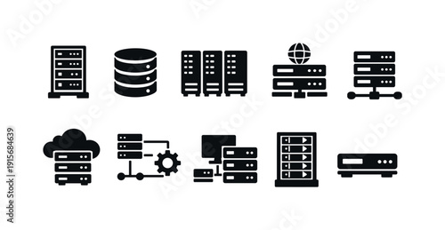 Database, server silhouette icon set. Networking, data storage silhouette collection