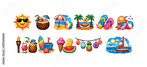 Beach vacation 3d icon set. Tropical, summer holiday 3d icons collection