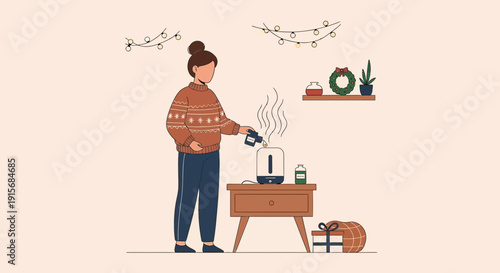 Cozy Winter Scene Person Adding Essential Oils To Humidifier With Holiday Decorations