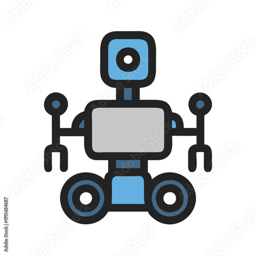 A stylized robot with a cylindrical body and mechanical limbs standing upright