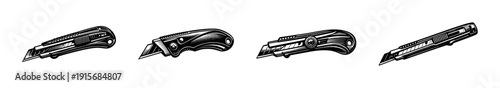 Cutter tools flat vector icons set. utility knife, box cutter, blade, equipment illustrations