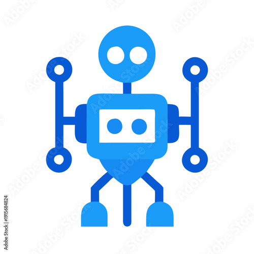 A stylized blue humanoid robot with circuit-like arms and legs connected to nodes