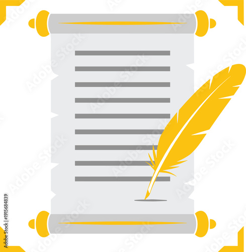 Ancient scroll with quill pen symbolizing historical documentation and writing tradition isolated on transparent background, Vector