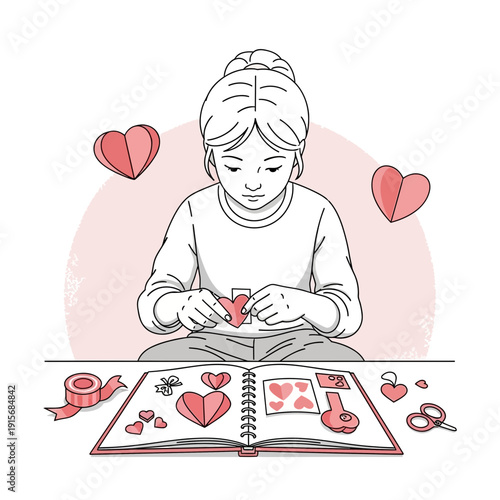 Creative Girl Making Heart Shaped Craft For Scrapbook With Love