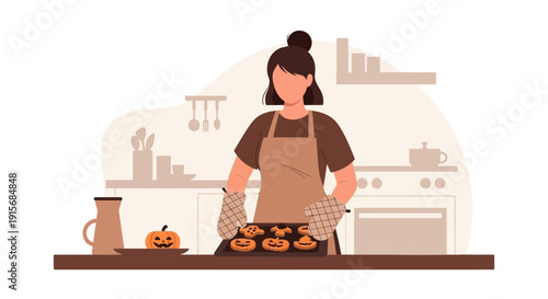 Creative Halloween Baking In Cozy Kitchen Scene With Pumpkin Cookies