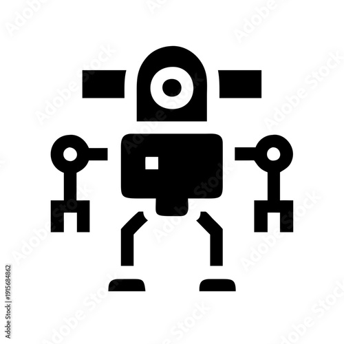 A stylized black and white robot standing upright with mechanical limbs and a camera eye.