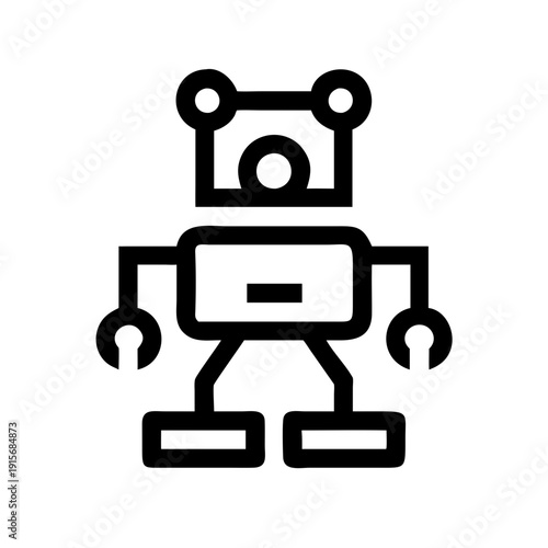 A stylized black and white illustration of a simple humanoid robot with mechanical limbs