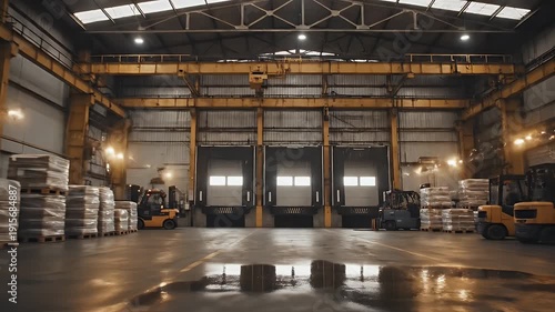 Industrial warehouse interior with loading docks, forklifts, and stacked goods