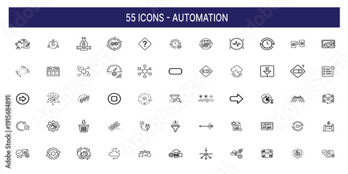 Automation Workflow Outline Icons Set – Business Process, Data Flow, Integration, Monitoring and Scheduling Vector Collection