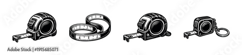 Measuring tools flat vector icons set. tape measures and retractable rulers collection
