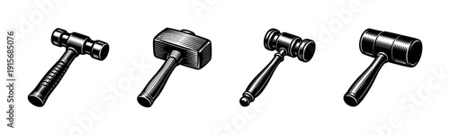 Flat vector icons set: judge, wooden, justice, hammer silhouettes, court symbols collection