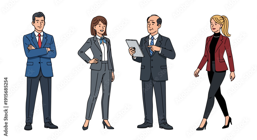Obraz premium Diverse group of business professionals in suits, standing and walking, vector illustration