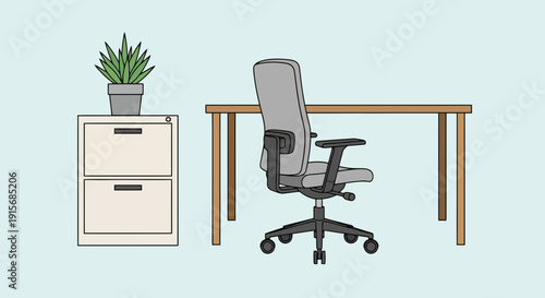 Minimalist office workspace illustration with desk, ergonomic chair, filing cabinet, and potted plant on a light blue background.