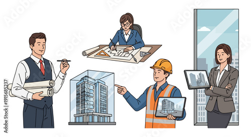 Architecture, Construction, and Real Estate Professionals Collaborating on Building Projects