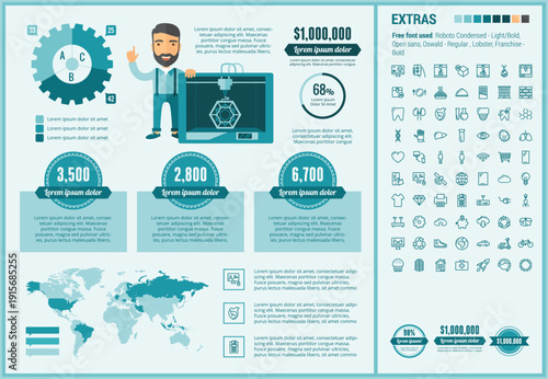 Flat vector technology infographic with industrial icons, statistics charts, world map, and data elements. Ideal for global technology, industry reports, innovation concepts, and digital business pres