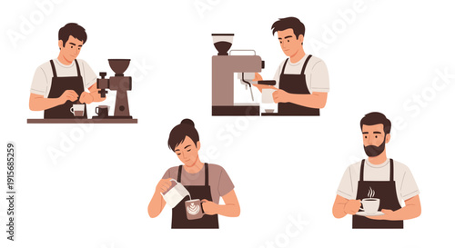 Barista making coffee vector illustration set. Collection of characters preparing espresso, latte, and serving hot drinks. Coffee shop staff at work.