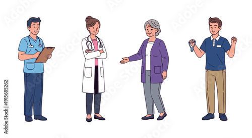 Healthcare professionals including nurse, doctor, and physical therapist alongside an elderly woman, depicting medical care and wellness services
