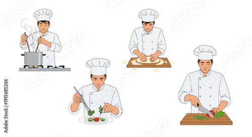 Professional male chef performing various cooking activities: stirring, kneading dough, chopping vegetables, and plating a dish. Culinary preparation illustration.