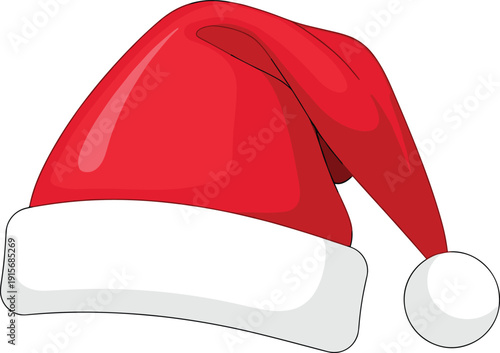 A festive red santa hat with a fluffy white trim and pom pom on top. isolated on transparent background, Vector