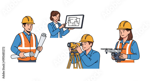 Engineers and architects using various tools for construction, surveying, and planning, including blueprints, digital floor plans, a level, and a drone.