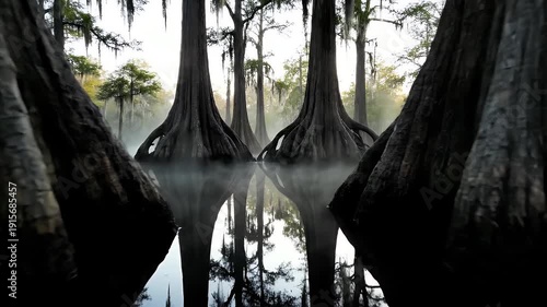 Misty swamp with ancient trees reflected in dark, still water