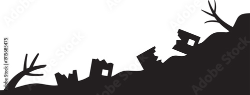 Natural disaster landslide with trees and houses in silhouette vector illustration