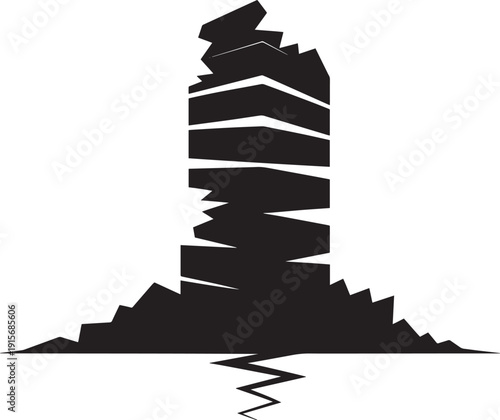 Tall building crumbled by earthquake with debris and cracked ground below silhouette