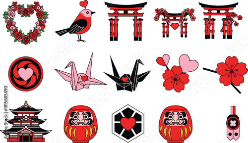 Traditional japanese and gothic holiday-themed icons collection isolated on transparent background, Vector