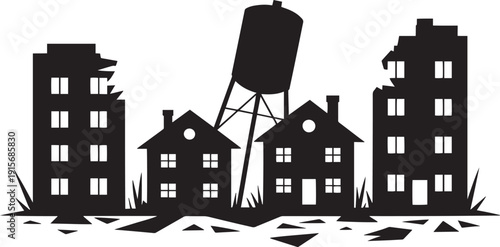 Natural disaster and earthquake destroying city silhouette isolated over transparent background