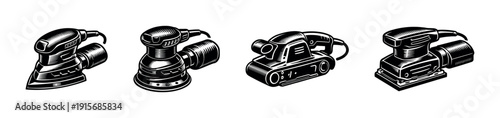 Power sanders flat vector icons set: orbital, palm, belt, and detail tools collection