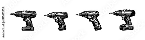 Electric drill flat vector icons set. power tools collection. handheld equipment graphics