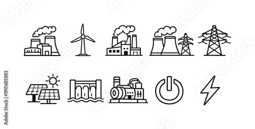Energy, power outline icon set. Renewable and non-renewable energy source icons