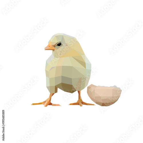 Low Poly Chick with Eggshell Vector Illustration – Geometric Baby Chicken Isolated on White Background