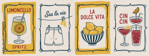 Summer Italy La Dolce Vita Vintage Posters, Amalfi and Sicily Travel Print, Retro Wall Art Vector Postcard Stamp, Summer Emblem Placard with Decorative Frame Border Design Element