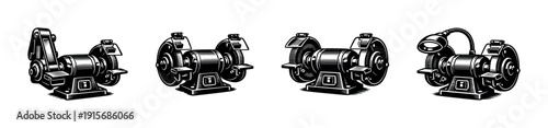 Bench grinder flat vector icons set: metalworking tools collection and equipment silhouettes