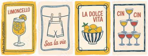 Summer Italy La Dolce Vita Vintage Posters, Amalfi and Sicily Travel Print, Retro Wall Art Vector Postcard Stamp, Summer Emblem Placard with Decorative Frame Border Design Element