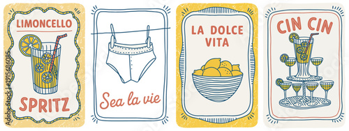 Summer Italy La Dolce Vita Vintage Posters, Amalfi and Sicily Travel Print, Retro Wall Art Vector Postcard Stamp, Summer Emblem Placard with Decorative Frame Border Design Element