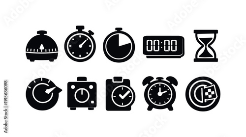 Time management silhouette icon set. Clocks, timers, hourglasses silhouette collection