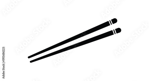 A simple black and white illustration depicts a pair of traditional wooden chopsticks resting diagonally high quality professional