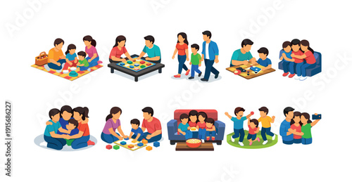 Family activities icon set. Colorful flat illustrations highlighting playful family moments.