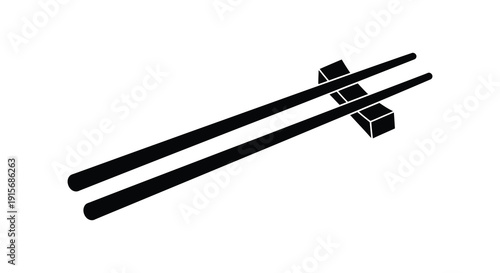 A minimalist black and white illustration depicts a pair of chopsticks resting upon a small cube high quality professional detailed