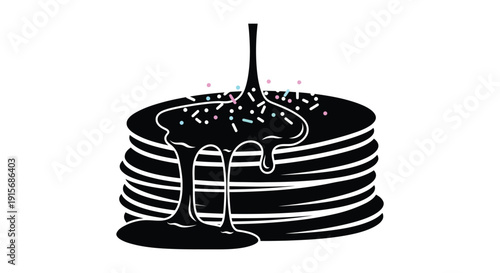 A striking black and white illustration depicts a stack of pancakes drizzled with chocolate and colorful sprinkles
