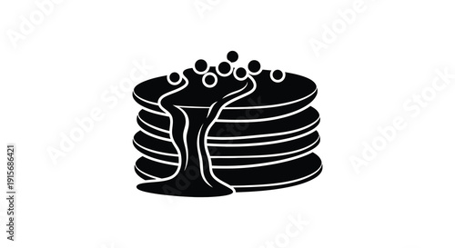 A minimalist black and white illustration depicts a stack of pancakes with dripping syrup evoking breakfast high quality
