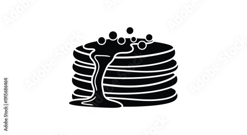 A simple black and white illustration depicts a stack of pancakes with dripping syrup creating a sweet image